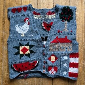 Hand-Knitted Colorful Women’s Vest with USA, Watermelon, Chicken & Houses